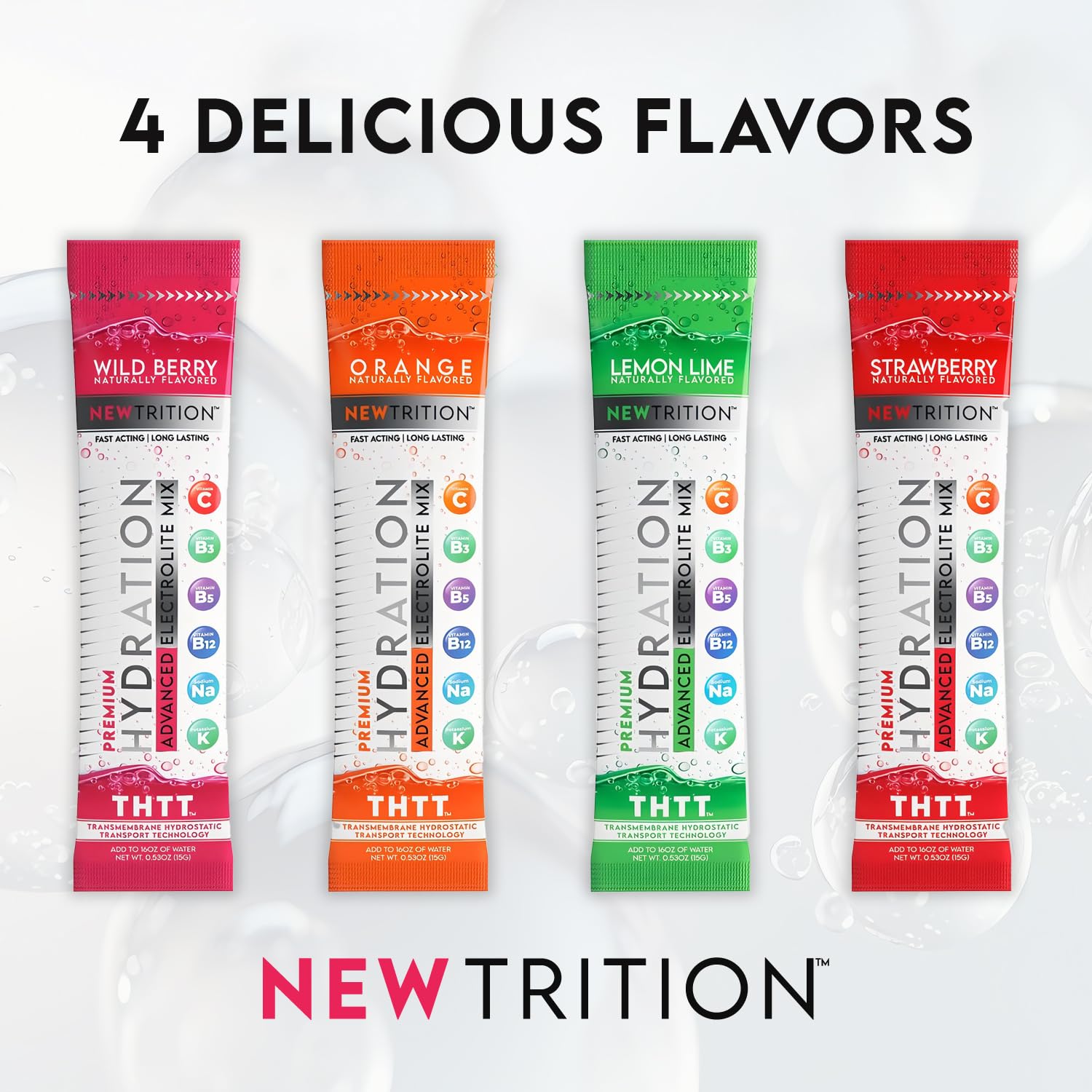 NewTrition Wild Berry hydration packet stored in a kitchen drawer for daily use