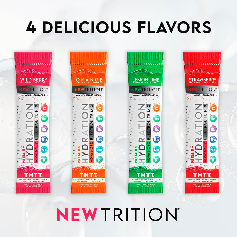 NewTrition Wild Berry hydration packet stored in a kitchen drawer for daily use