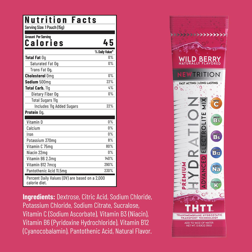 NewTrition Hydration packaging box on kitchen counter for travel-ready hydration