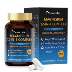 Nexalo rithu Magnesium 12in1 bottle highlighting high-absorption formula for daily calm and energy balance