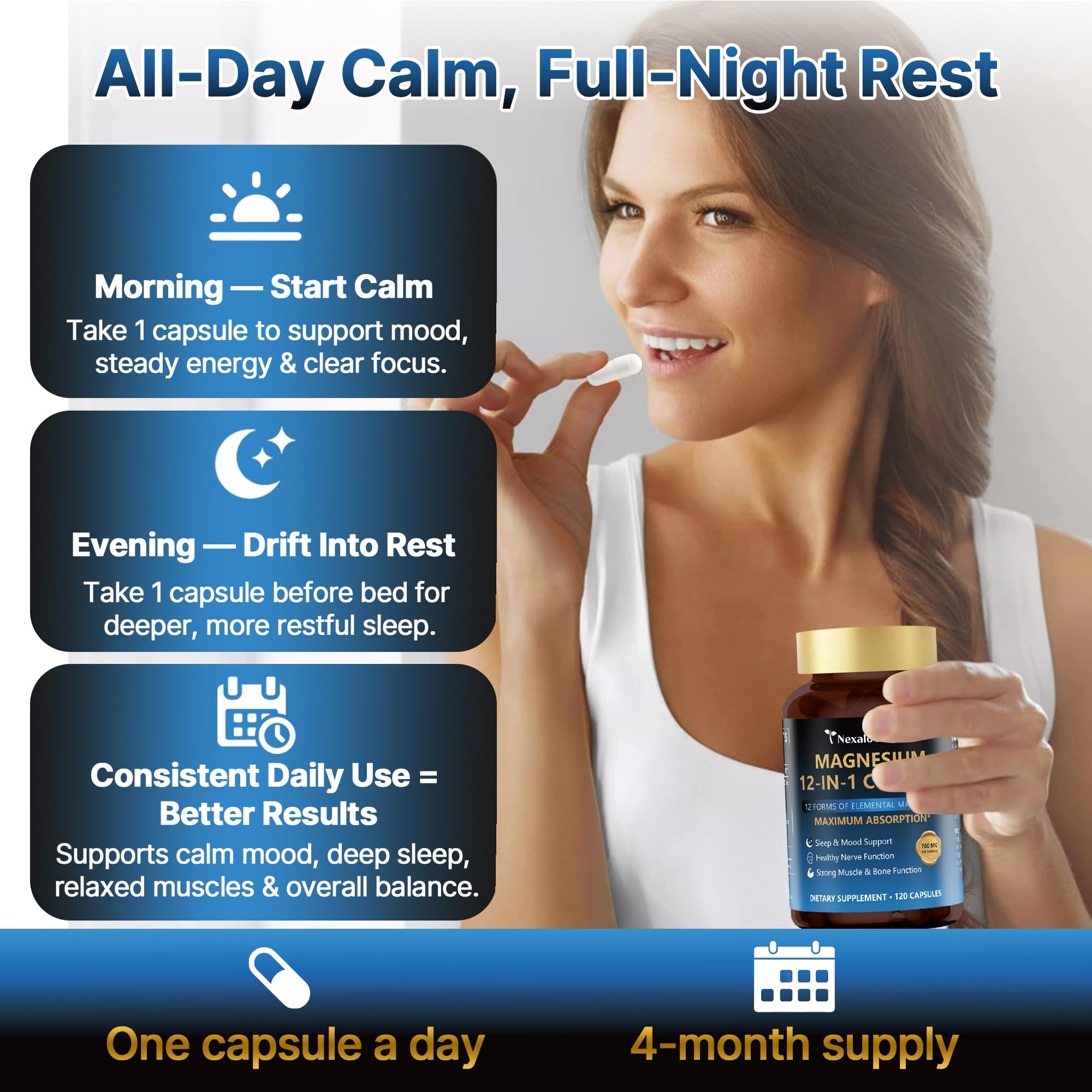 Nighttime relaxation scene featuring Nexalo rithu Magnesium 12in1 as part of a calming routine