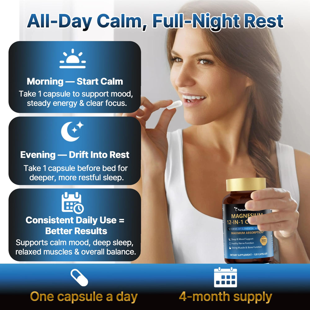 Nighttime relaxation scene featuring Nexalo rithu Magnesium 12in1 as part of a calming routine