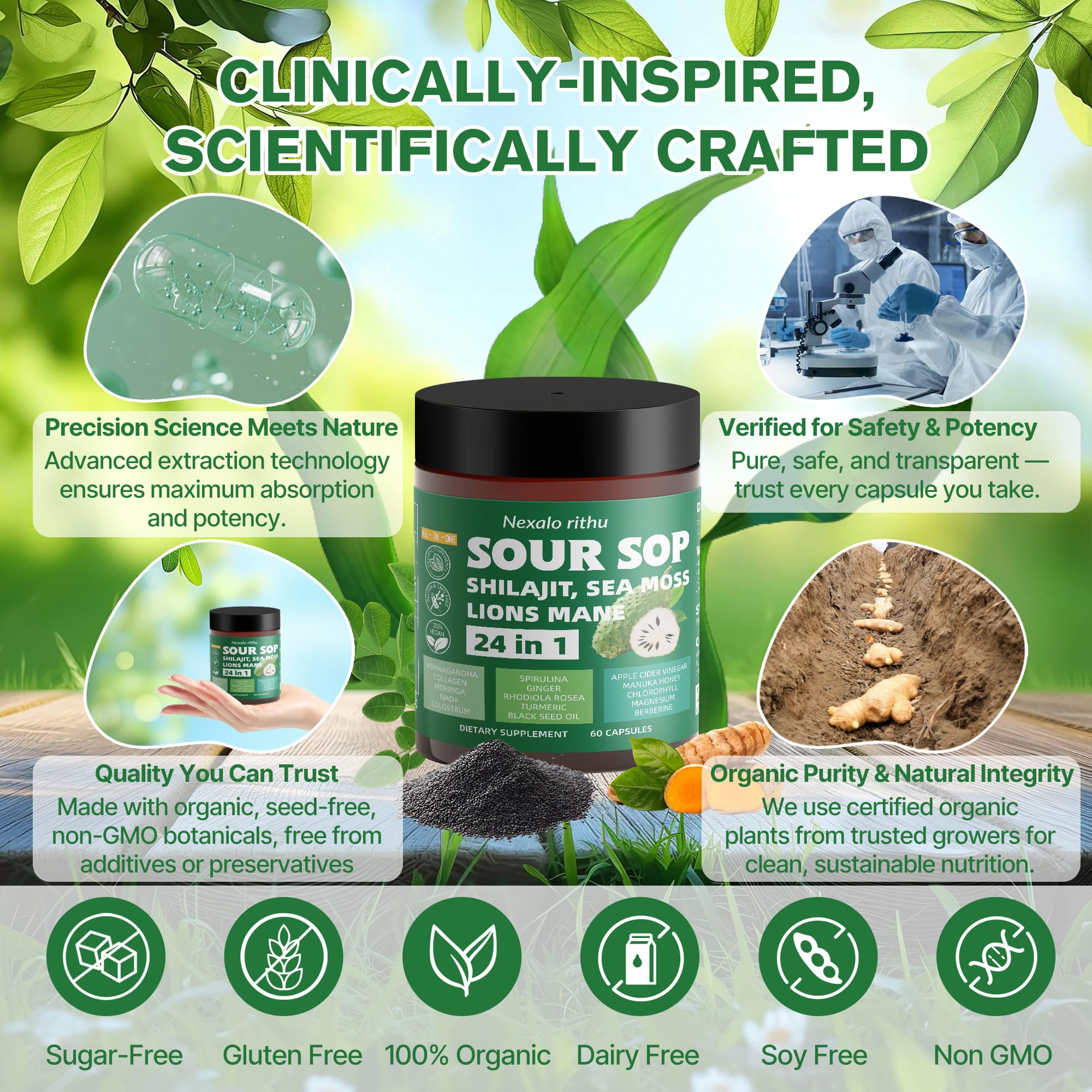 Nexalo rithu packaging emphasizes organic purity and third-party testing.