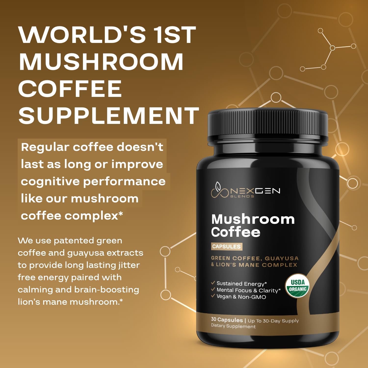 NEXGEN BLENDS lions mane closeup highlights cognitive support potential.