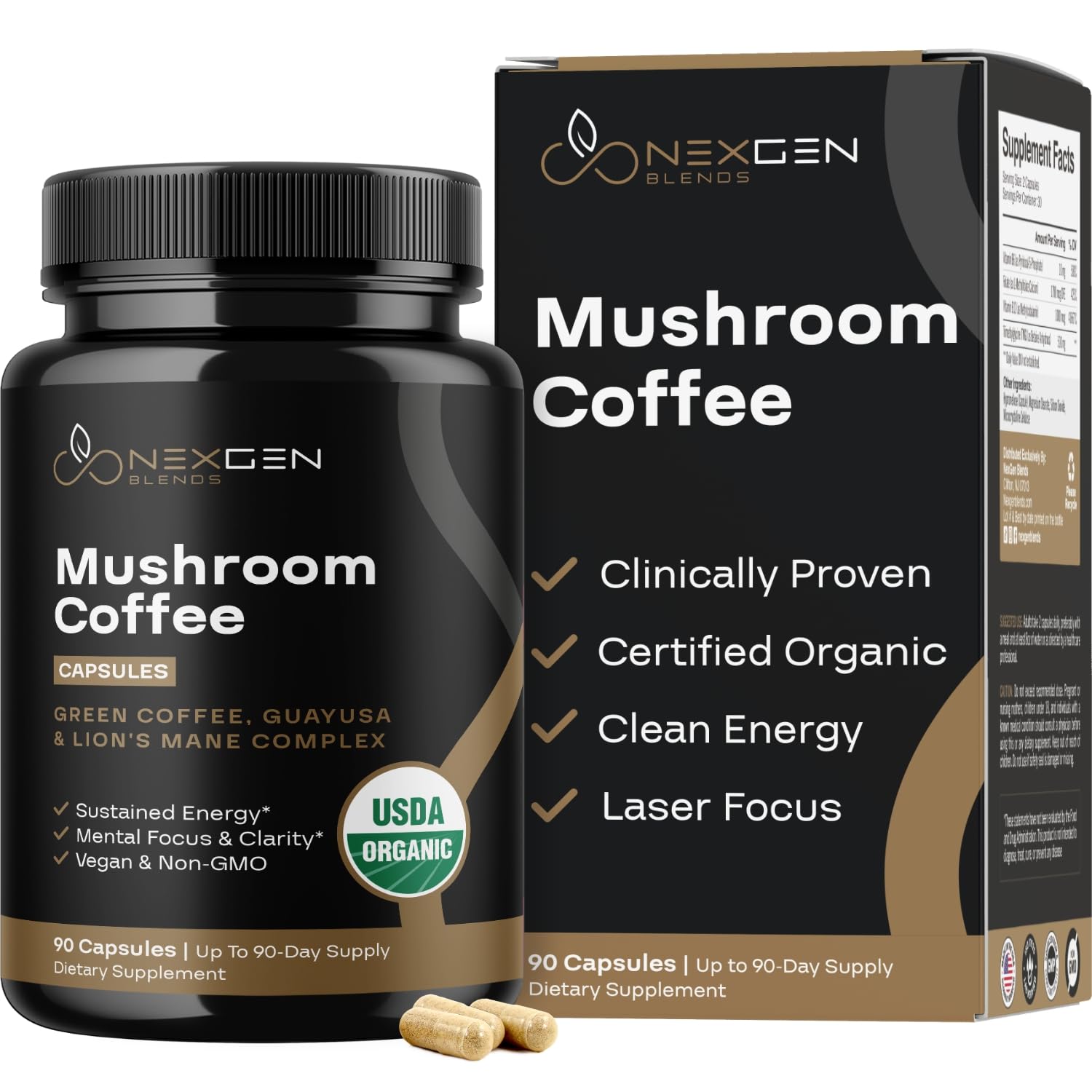 NEXGEN BLENDS mushroom coffee capsules bottle showcasing organic blend for steady energy