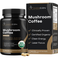 NEXGEN BLENDS mushroom coffee capsules bottle showcasing organic blend for steady energy