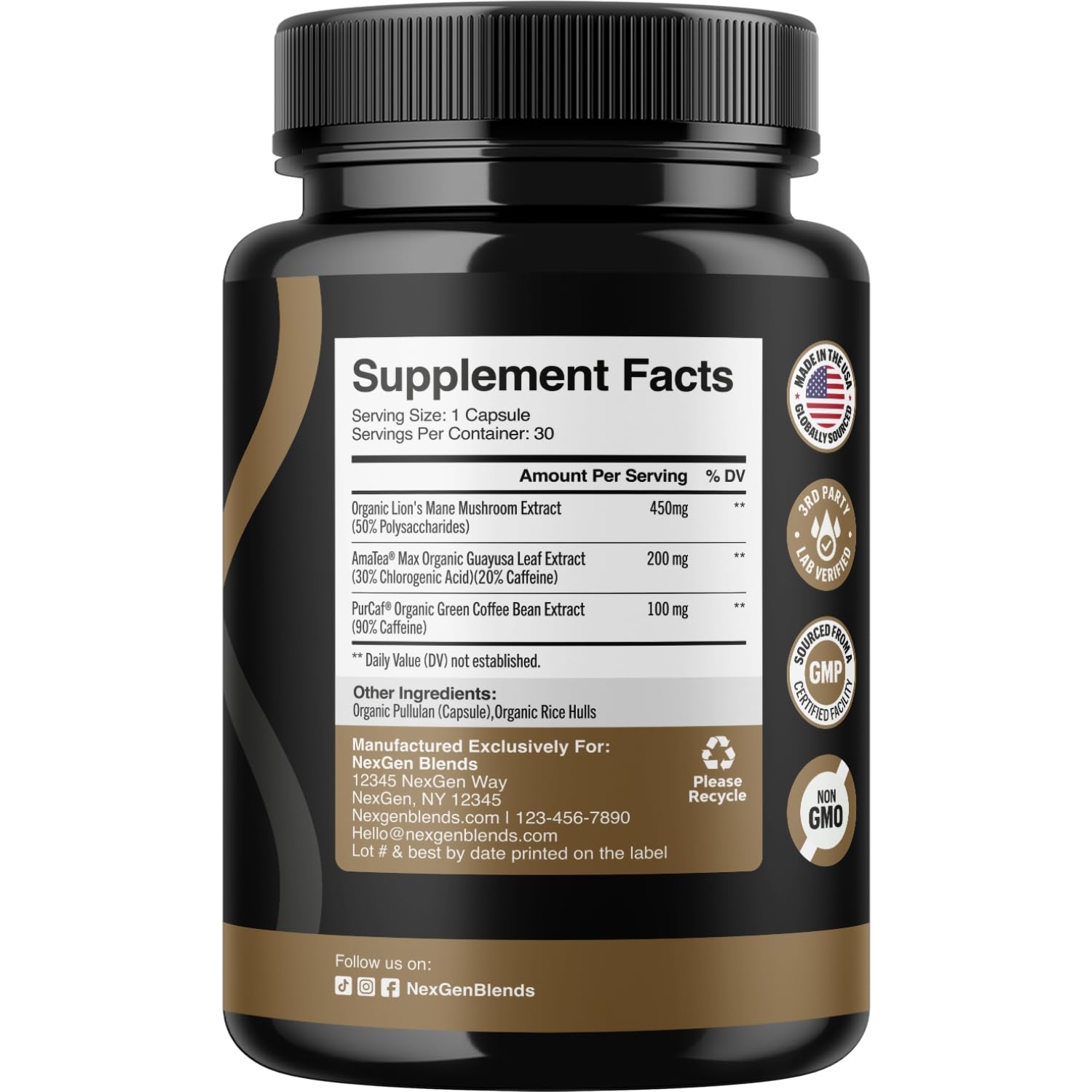 NEXGEN BLENDS mushroom capsules closeup shows easy, jitter-free focus.