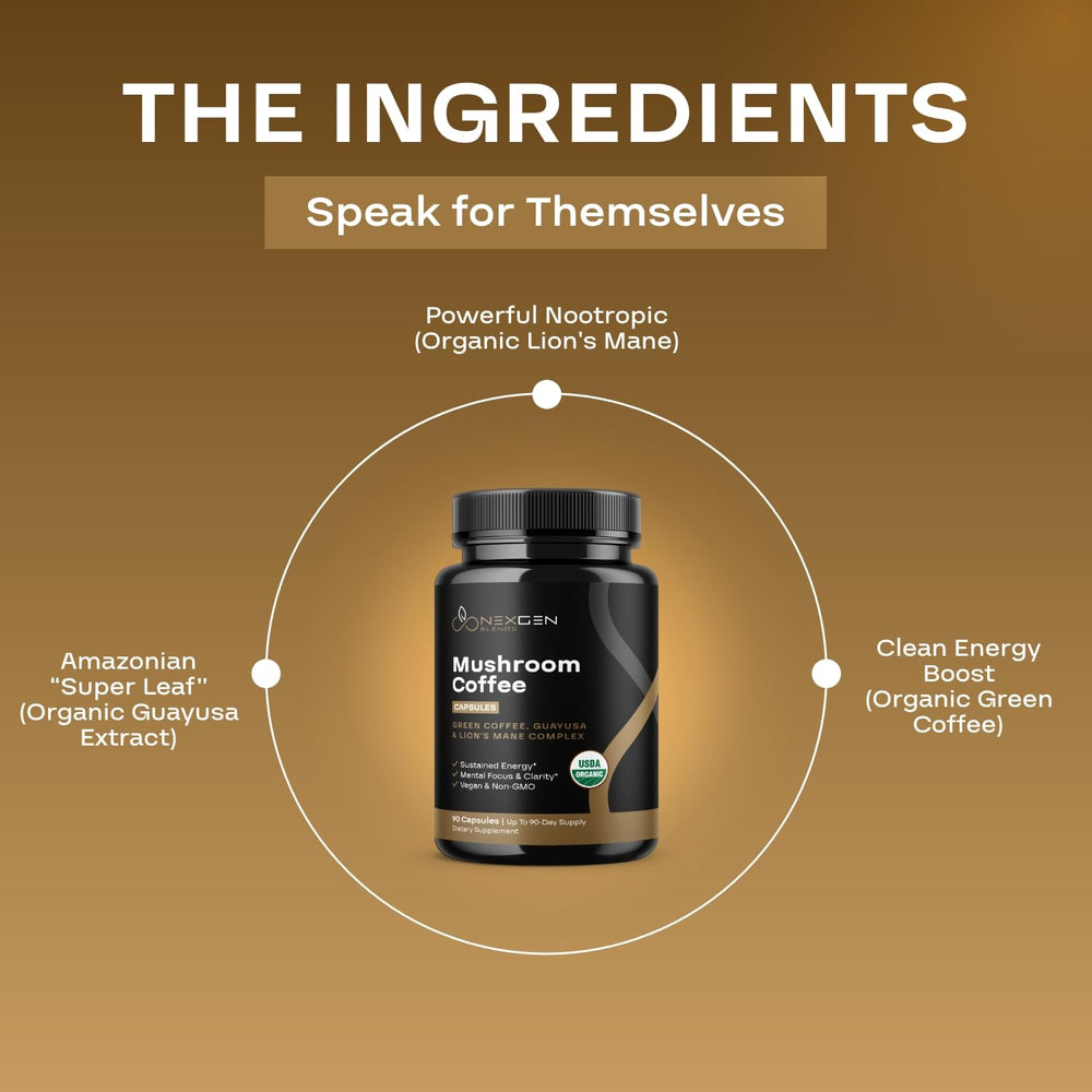 Mushroom blend visual emphasizing cognitive support and antioxidants