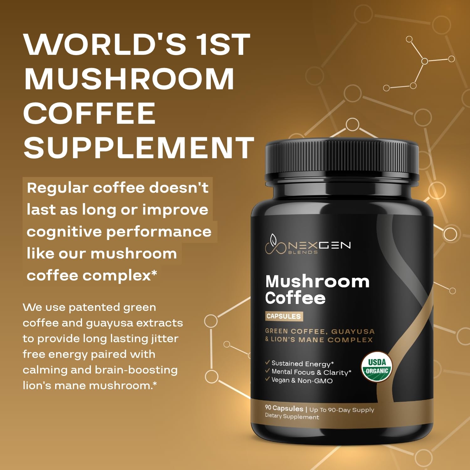 Packaging box with organic mushroom coffee ingredients and serving info