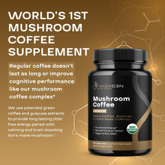 Packaging box with organic mushroom coffee ingredients and serving info