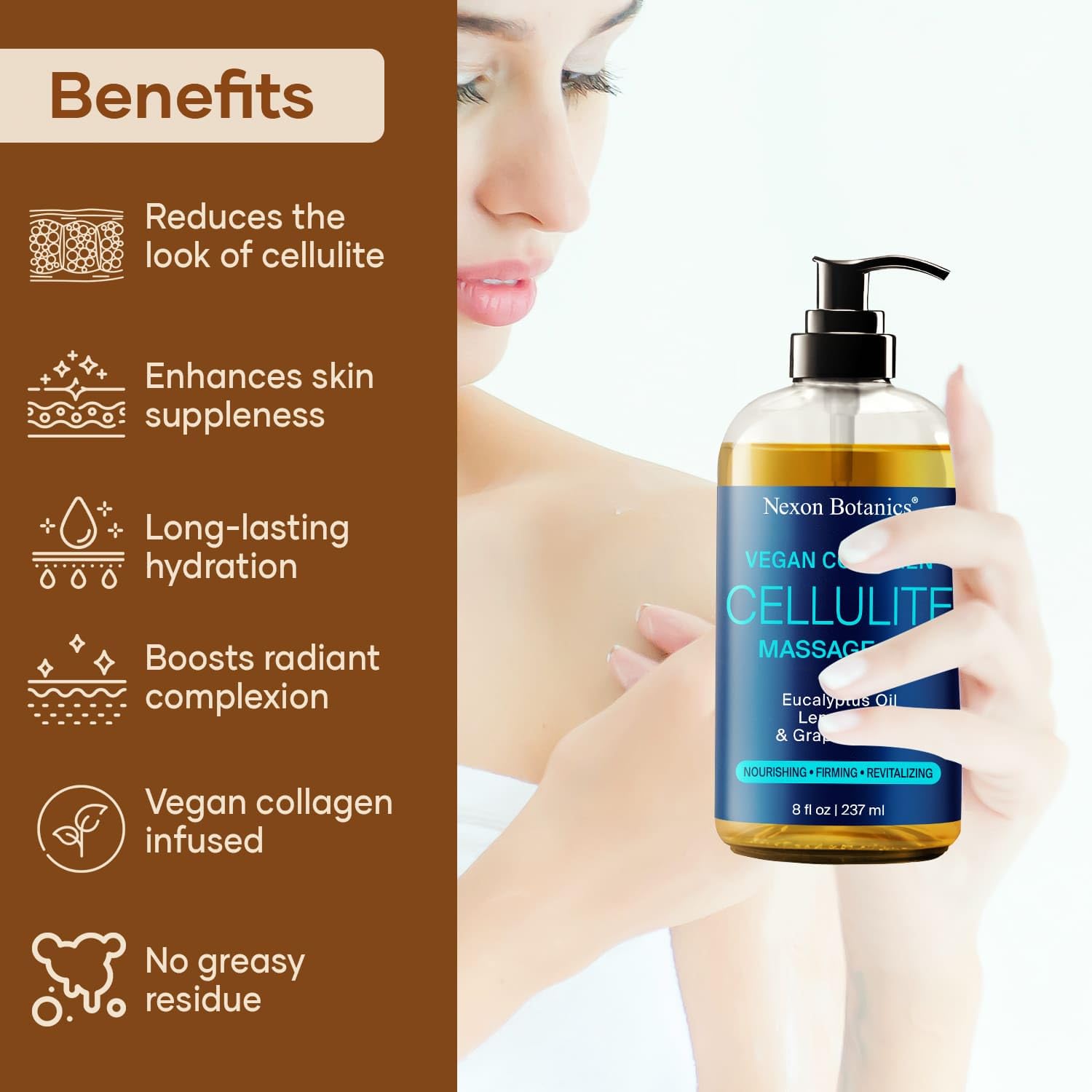 Nexon Botanics anti-cellulite oil dispenser demonstrates easy-to-pump application