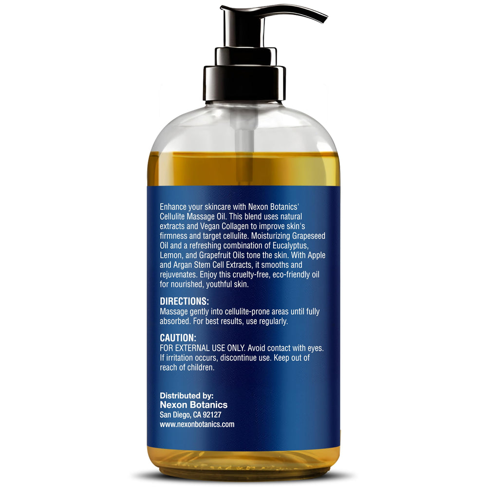 Nexon Botanics anti-cellulite oil bottle label highlighting vegan formula