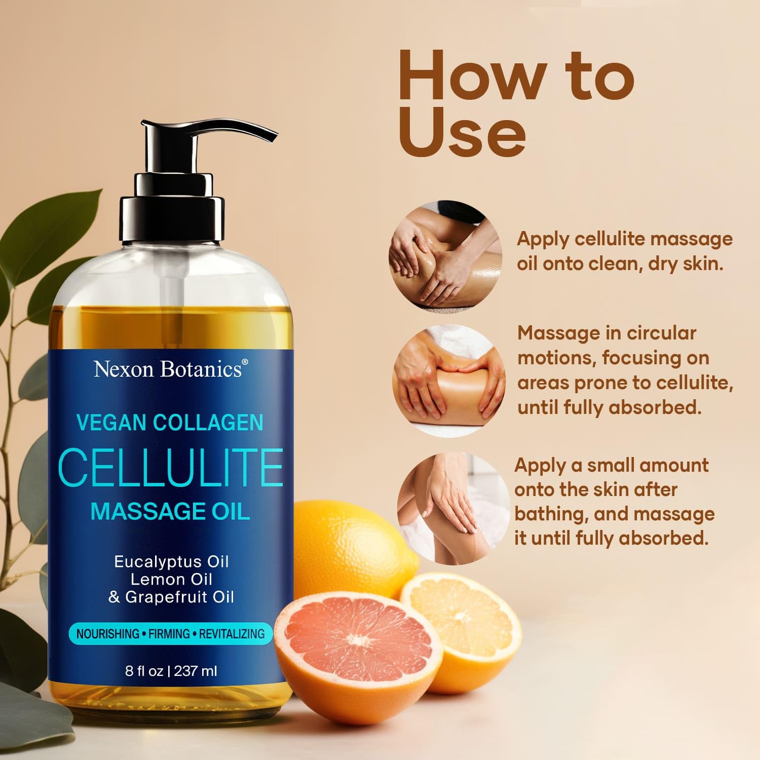 Nexon Botanics anti-cellulite oil texture close-up highlights fast absorption