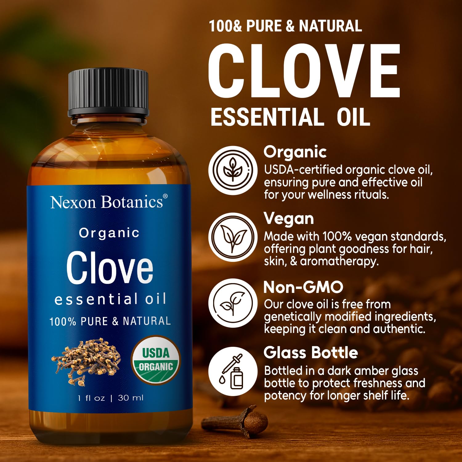 Nexon Botanics clove oil bottle close-up showing rich color and undiluted potency.