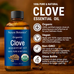 Nexon Botanics clove oil bottle close-up showing rich color and undiluted potency.