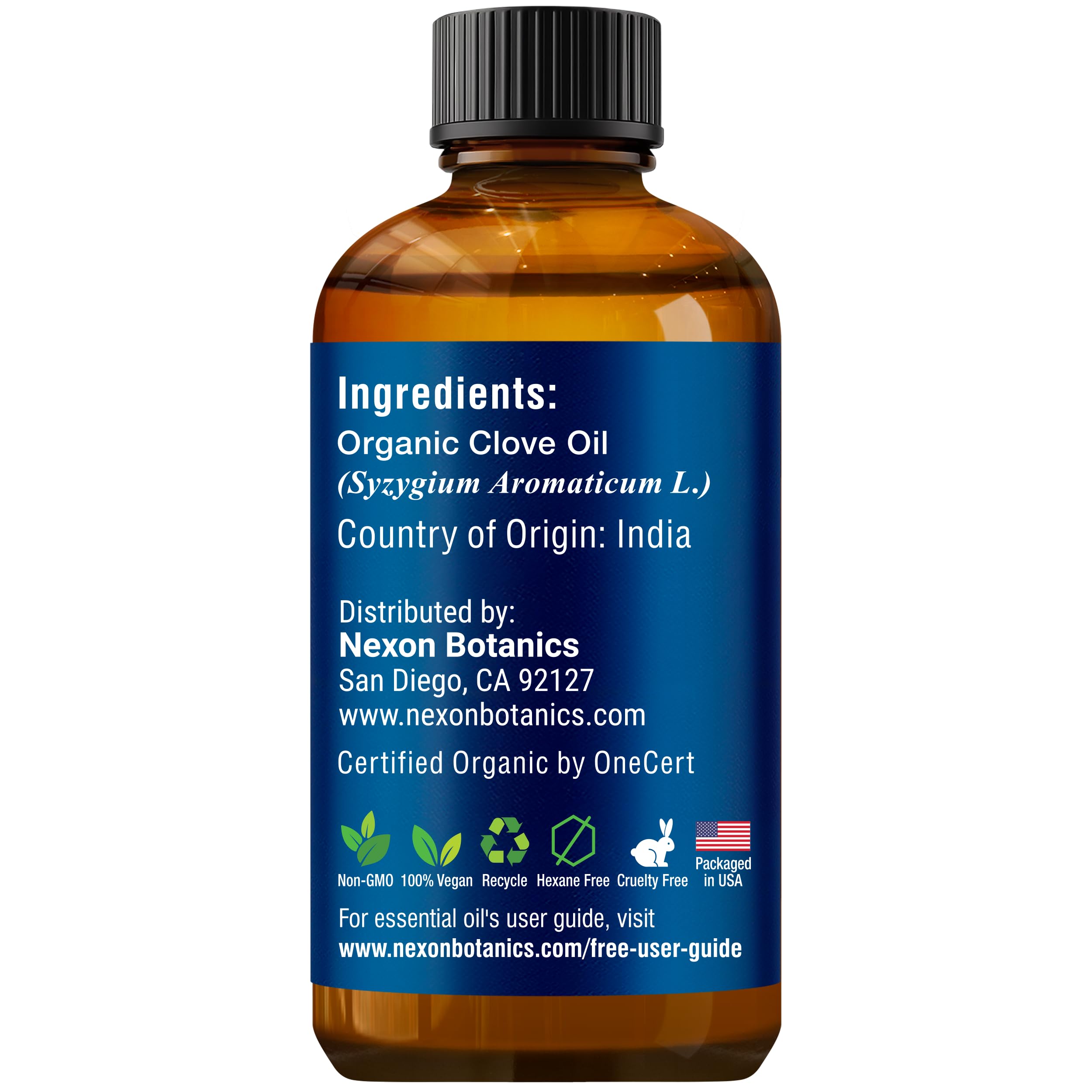 Nexon Botanics organic clove oil USA packaging emphasis ethical sourcing.