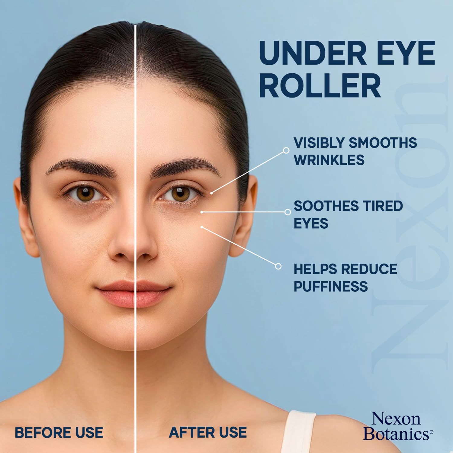 Nexon Botanics eye roller applied under the eye to target puffiness.