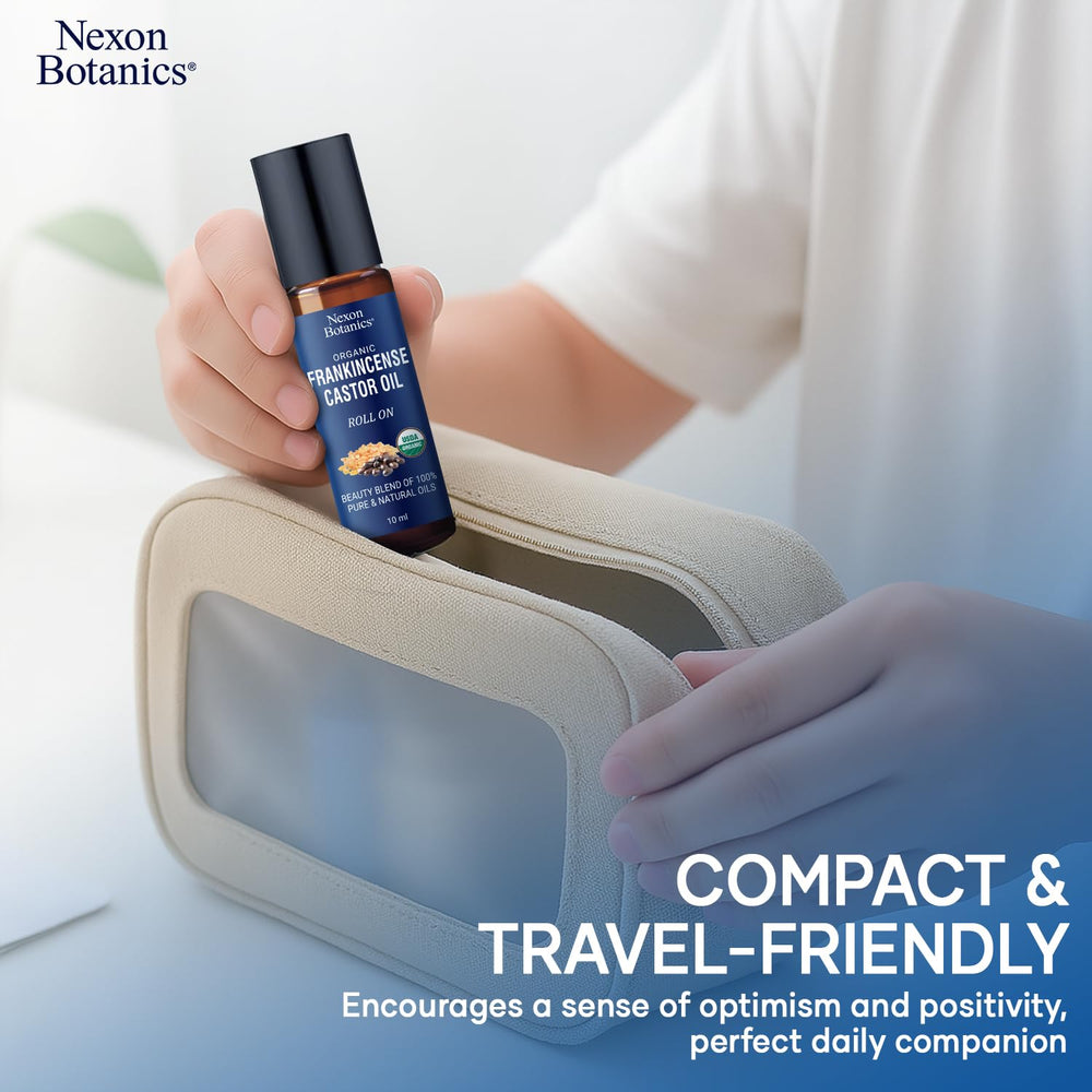 Ingredient close-up featuring castor oil and frankincense in Nexon Botanics formula.