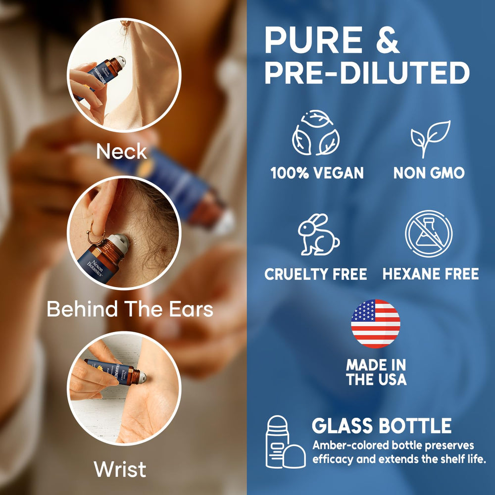 Nexon Botanics Frankincense Roll-On applied to temples for a soothing daily ritual.