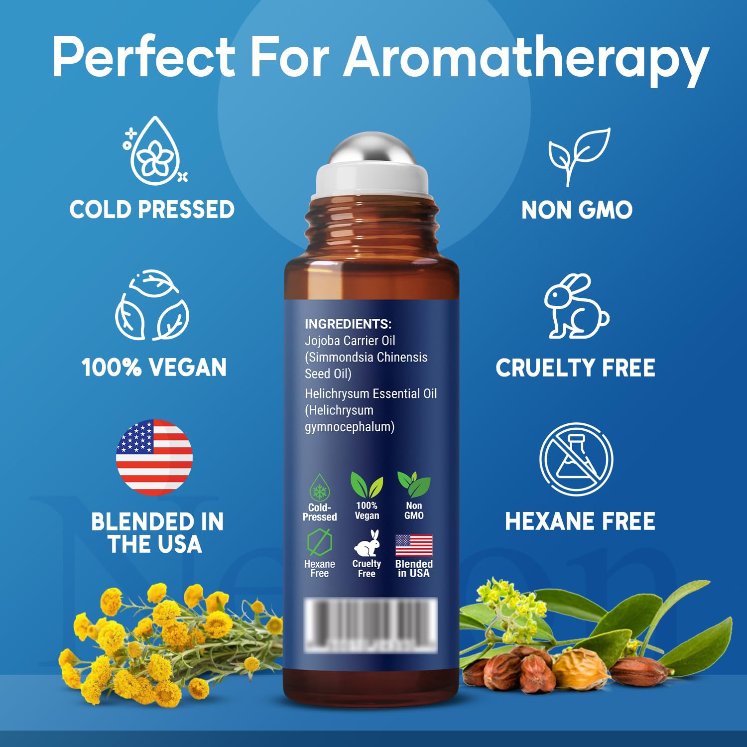 Nexon Botanics Helichrysum roll-on ingredients label shows jojoba base and organic helicrysum