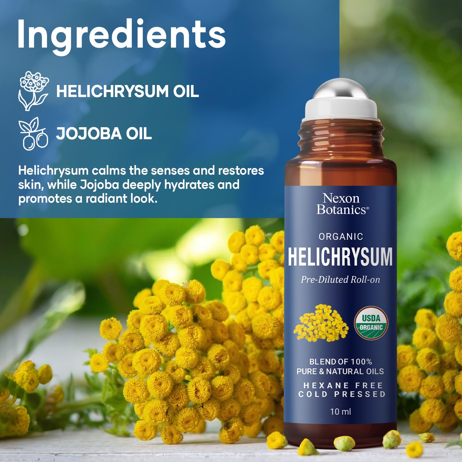 Nexon Botanics Helichrysum roll-on liquid inside bottle ready for gentle application