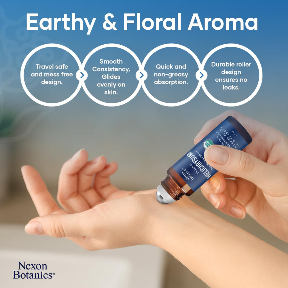 Nexon Botanics Helichrysum roll-on packaging box highlights organic and USA-made quality