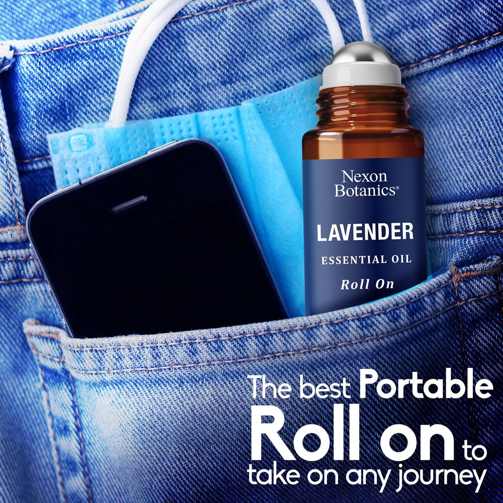 Nexon Botanics Lavender roll-on applied to forearm for gentle relaxation.