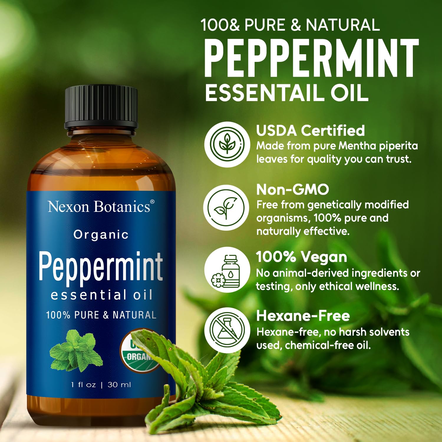 Nexon Botanics Peppermint Oil dropper ready for safe dilution.