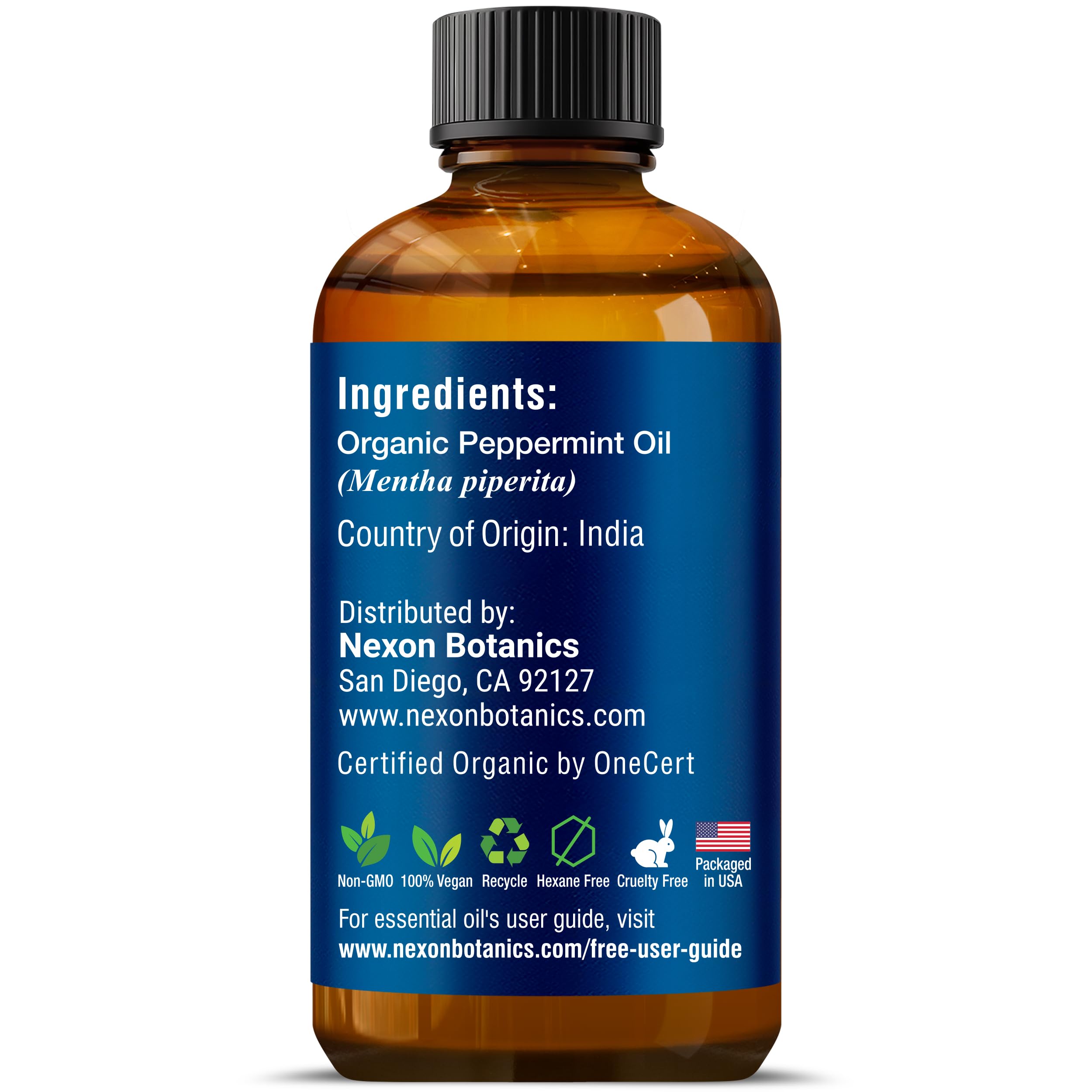 Nexon Botanics Peppermint Oil packaging highlights USDA purity.