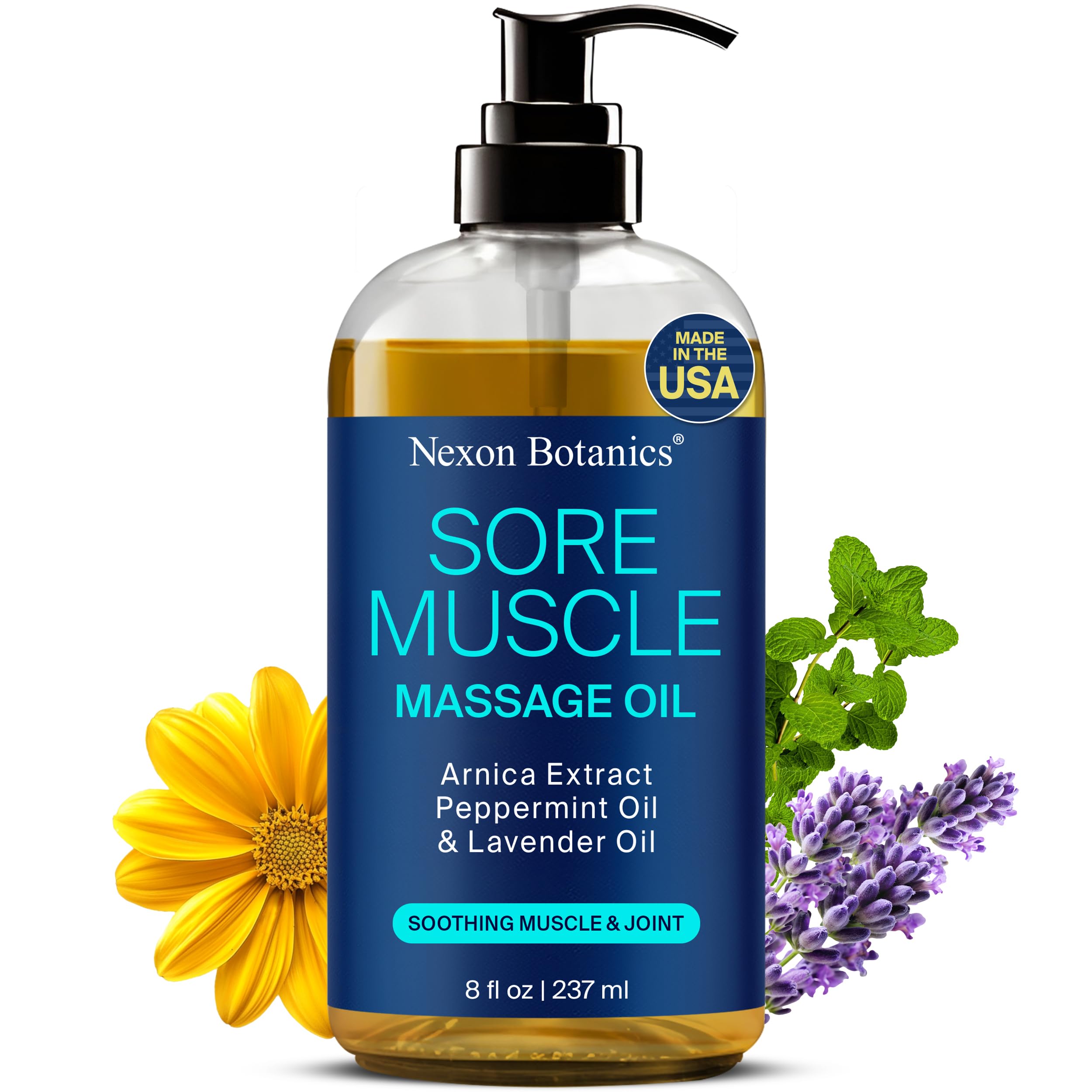 Nexon Botanics sore muscle massage oil bottle on table ready for sessions