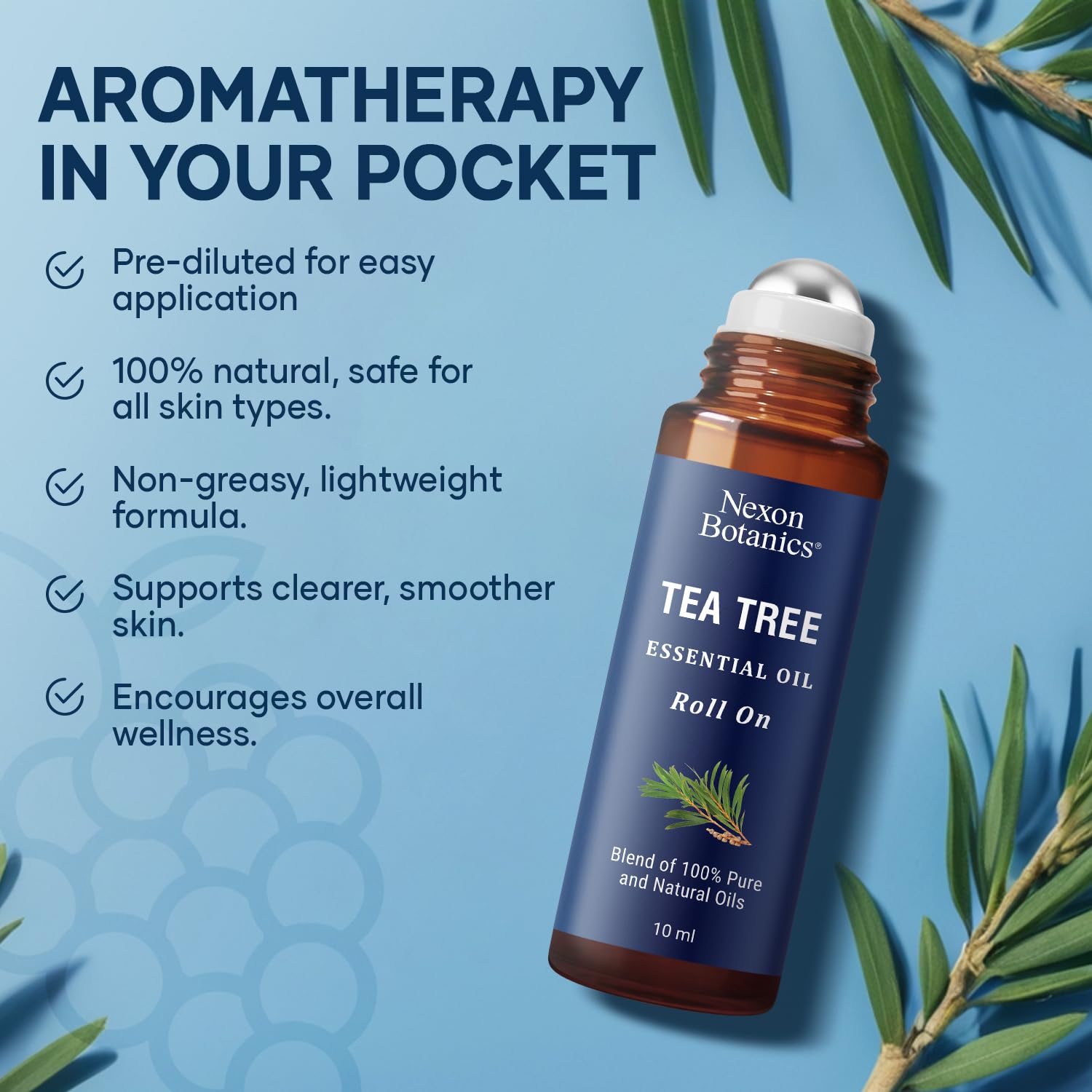 Nexon Botanics Tea Tree Roll-On on wrist for calming aromatherapy and mood lift.