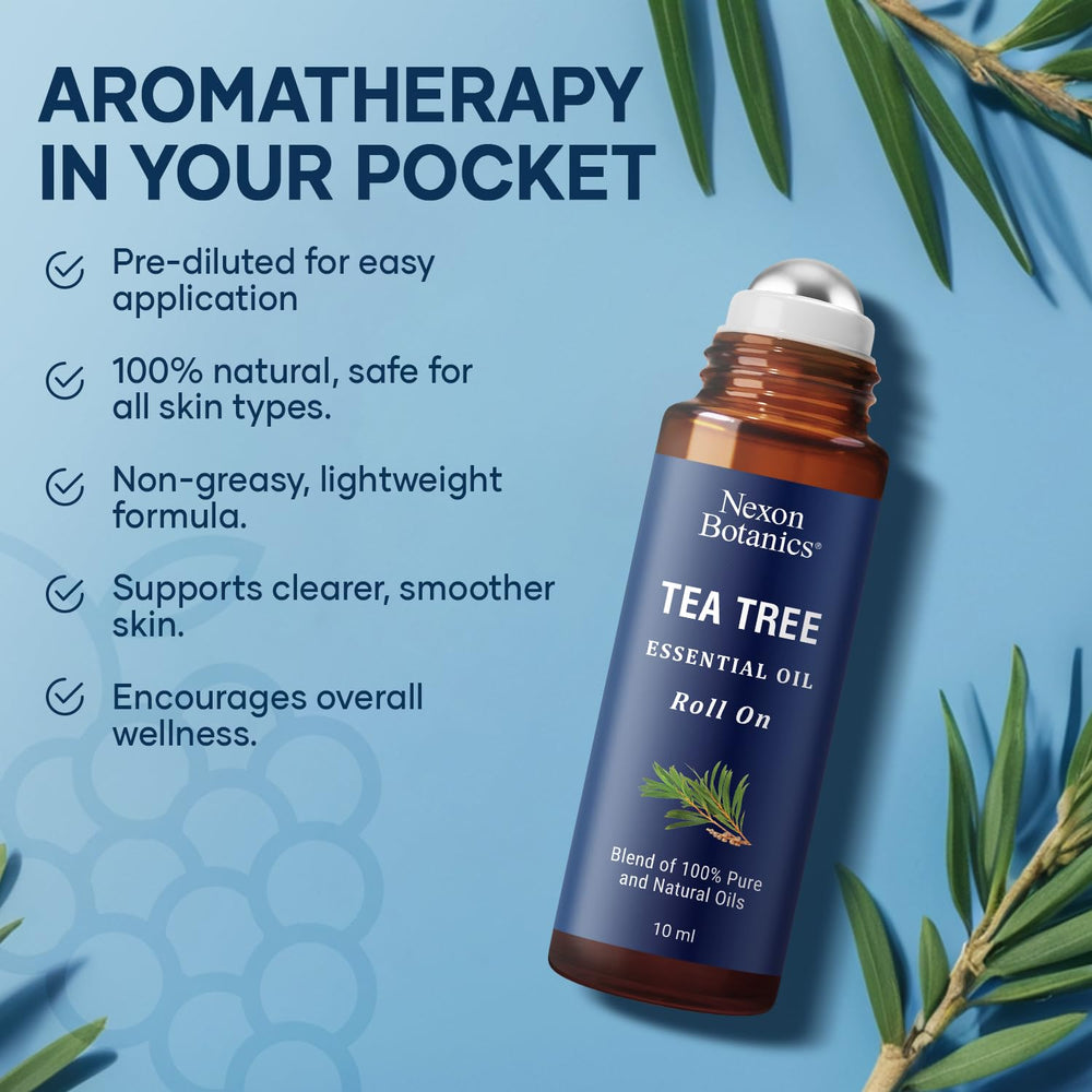 Nexon Botanics Tea Tree Roll-On on wrist for calming aromatherapy and mood lift.