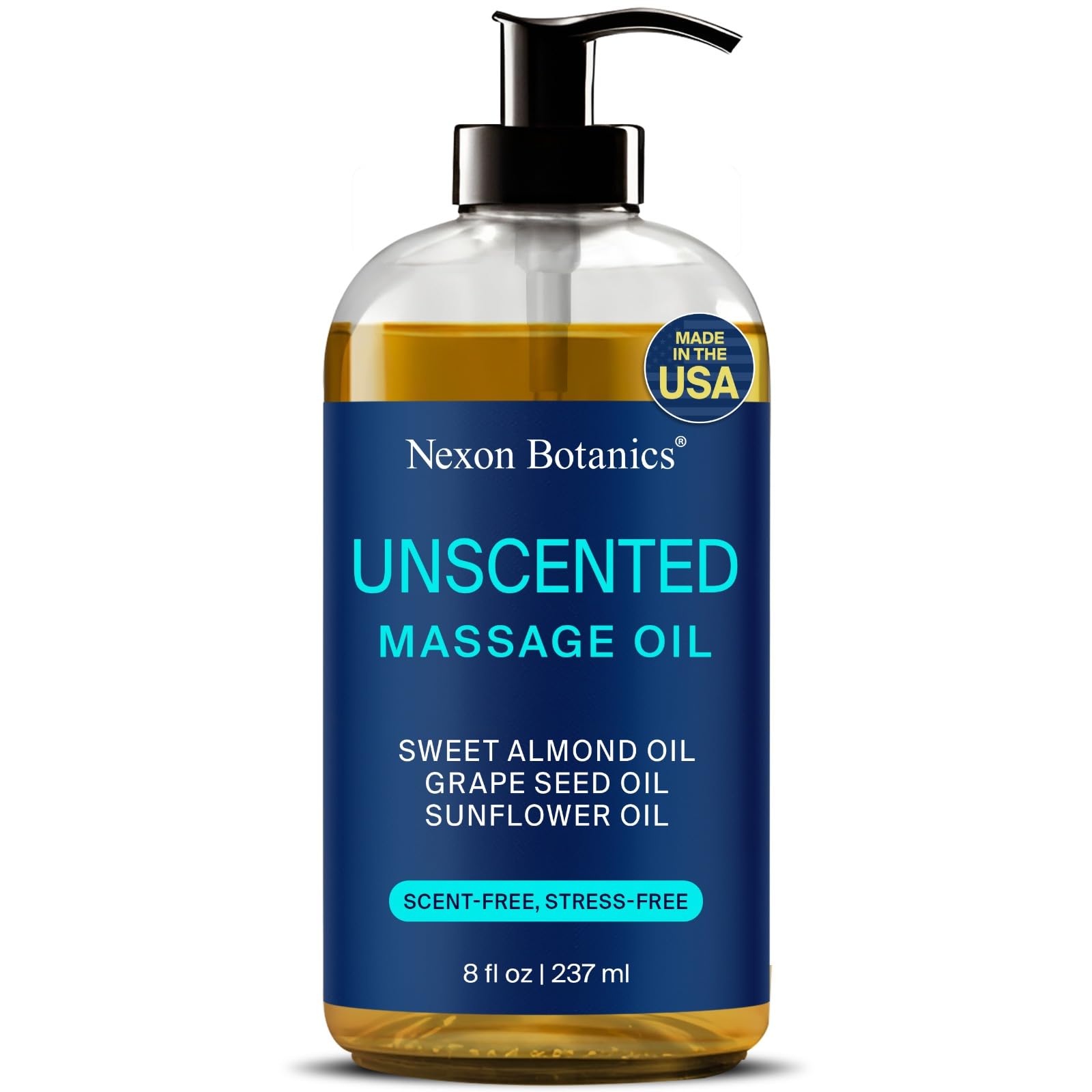 Nexon Botanics unscented massage oil bottle for fragrance-free skin nourishment.