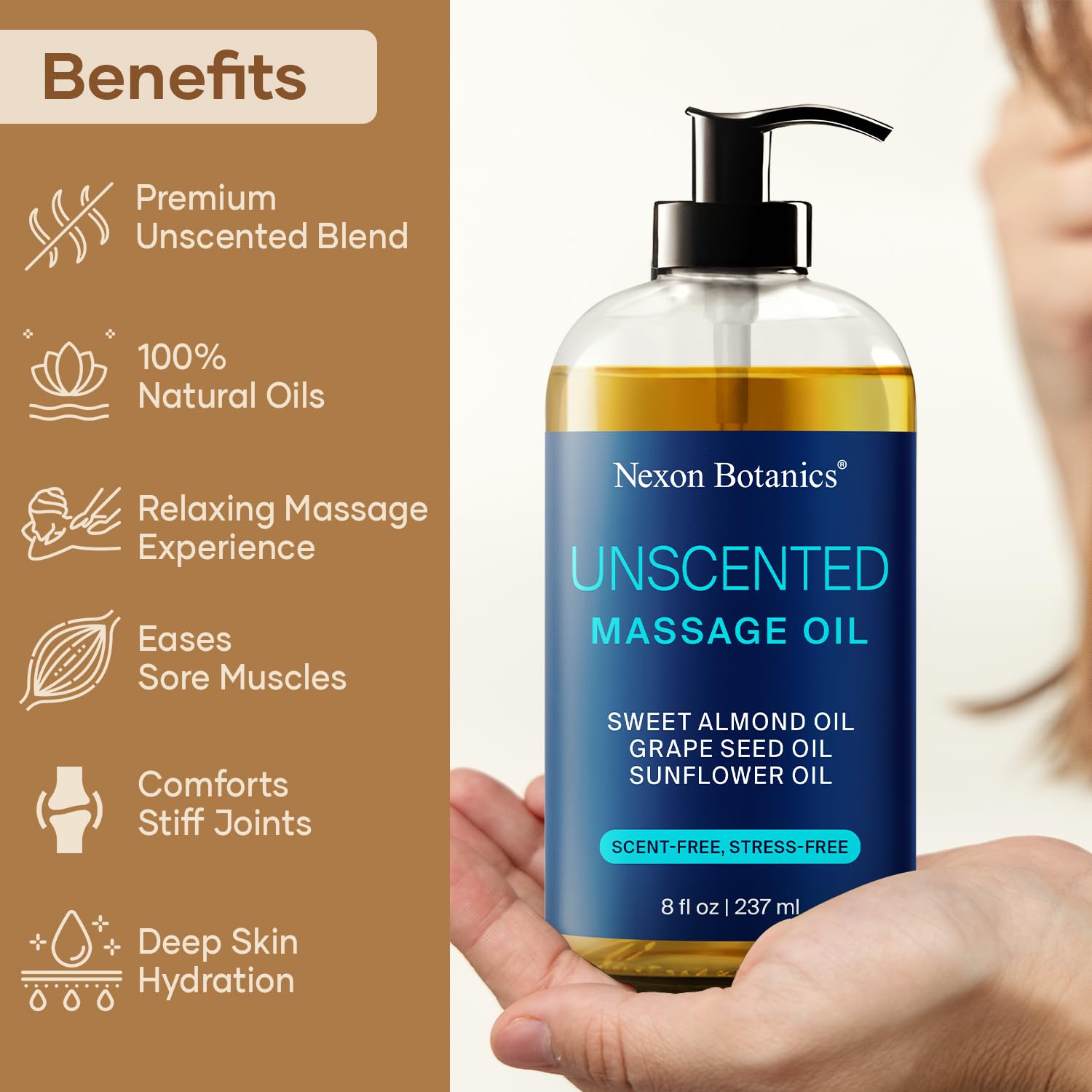 Nexon Botanics unscented massage oil pour for smooth, easy application.