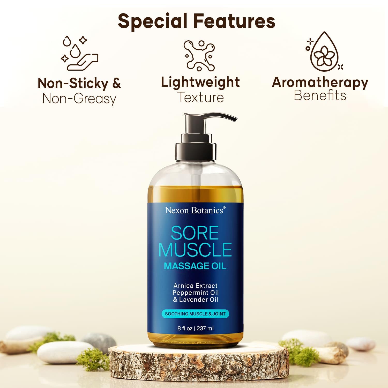 Warmth from Nexon Botanics oil helps loosen stiffness during massage