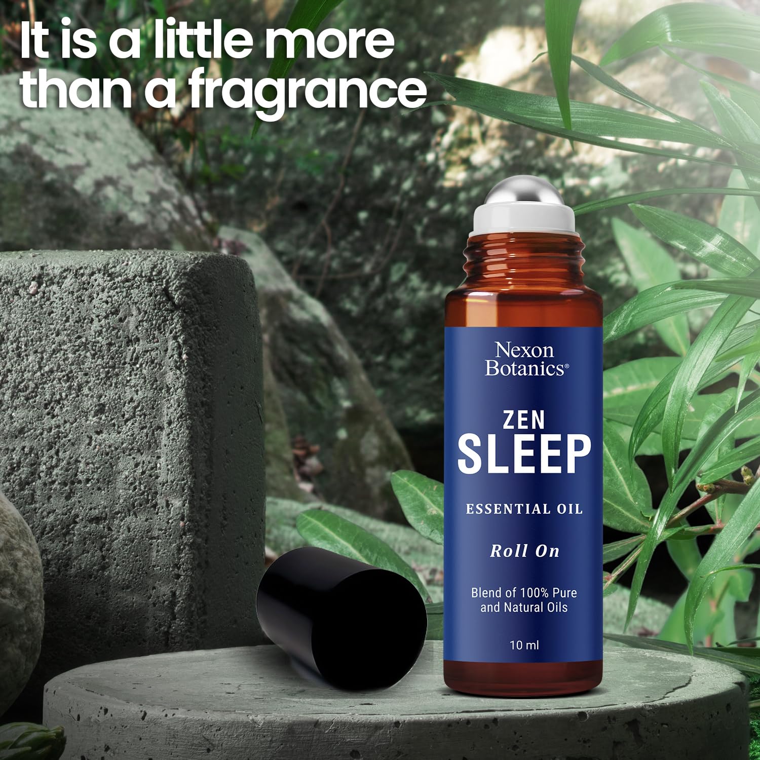 Relaxing nighttime scene featuring Nexon Botanics Zen Sleep roll-on