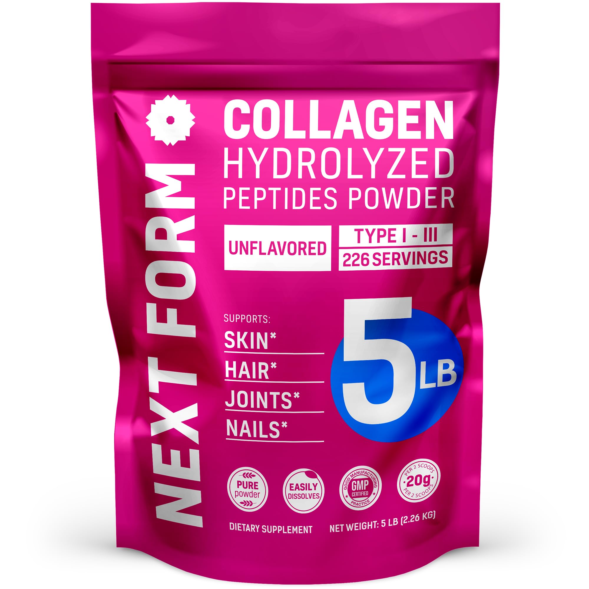 Next Form collagen powder bottle close-up highlighting skin-supporting benefits.