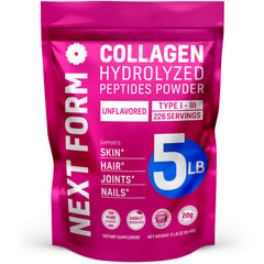 Next Form collagen powder bottle close-up highlighting skin-supporting benefits.