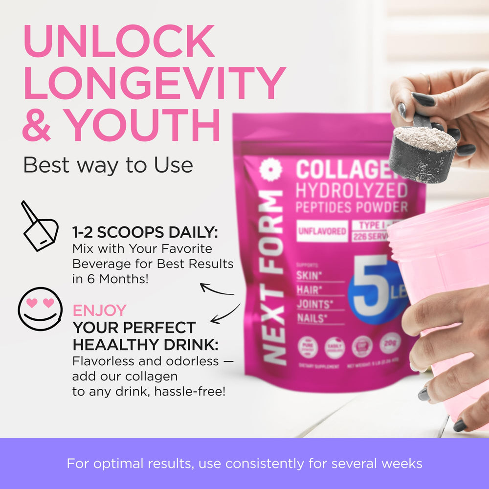 Next Form collagen powder on a pantry shelf with bag and scoop.
