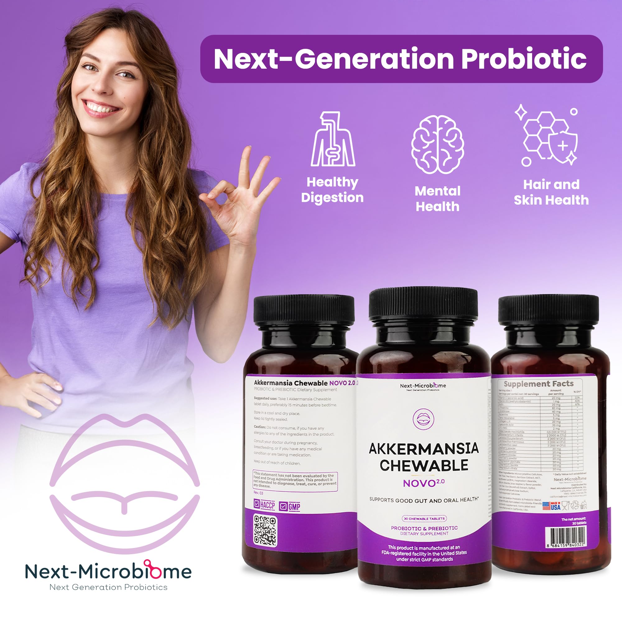 NEXT-MICROBIOME NOVO 2.0 daily-use scene shows hands taking a chewable tablet.