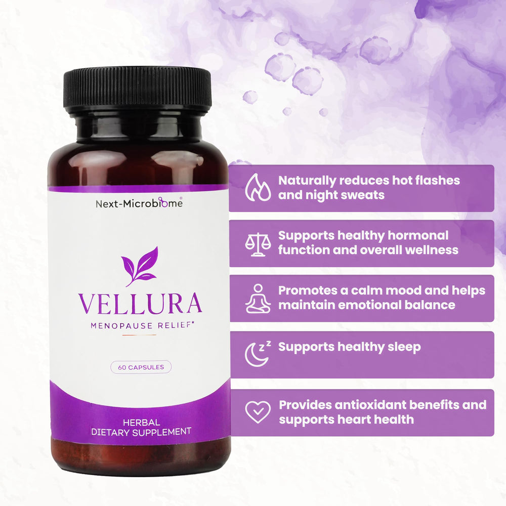 Vellura ingredients blend label featuring botanicals and prebiotics.