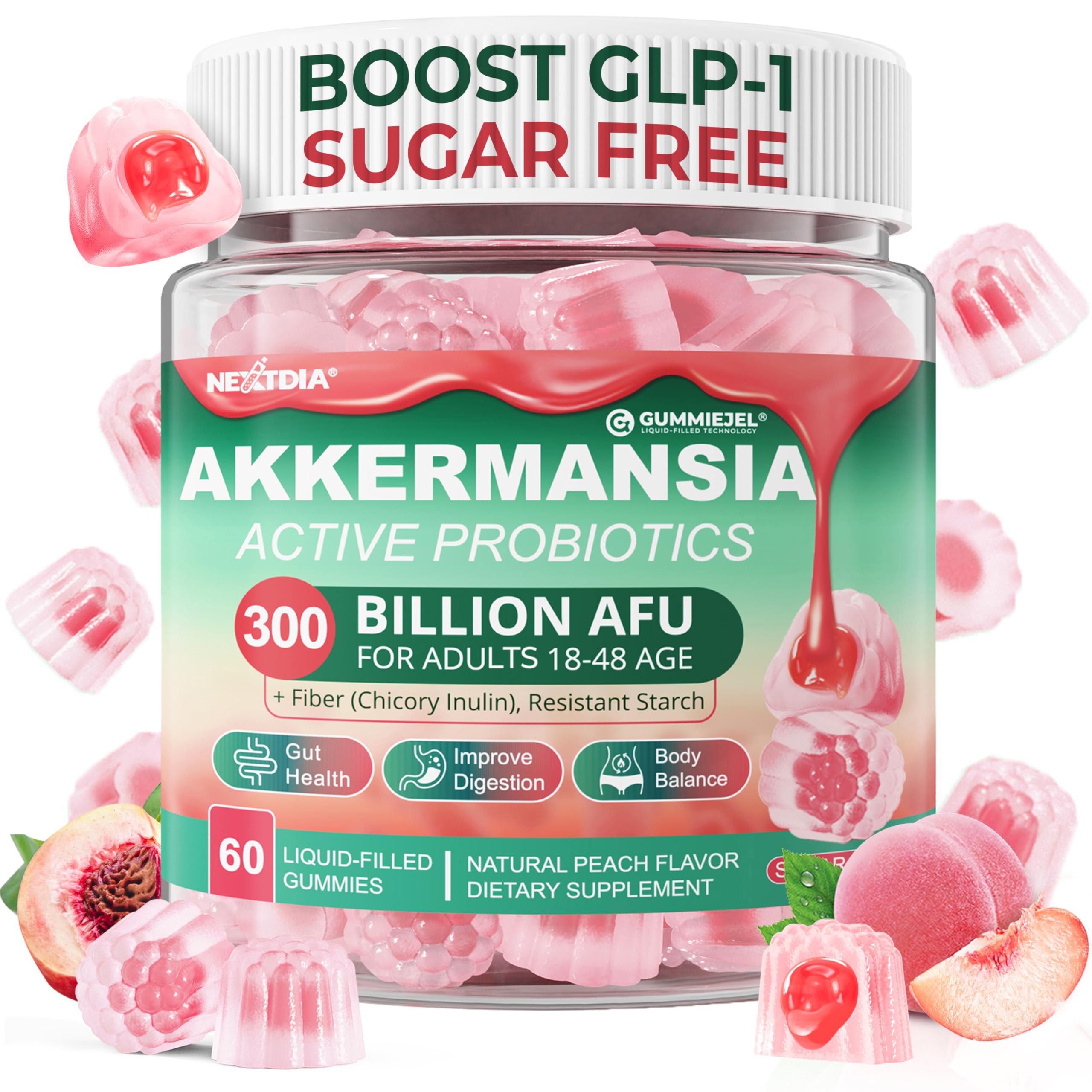 Nextdia Akkermansia Gummies bottle showing a sugar free probiotic for gut support