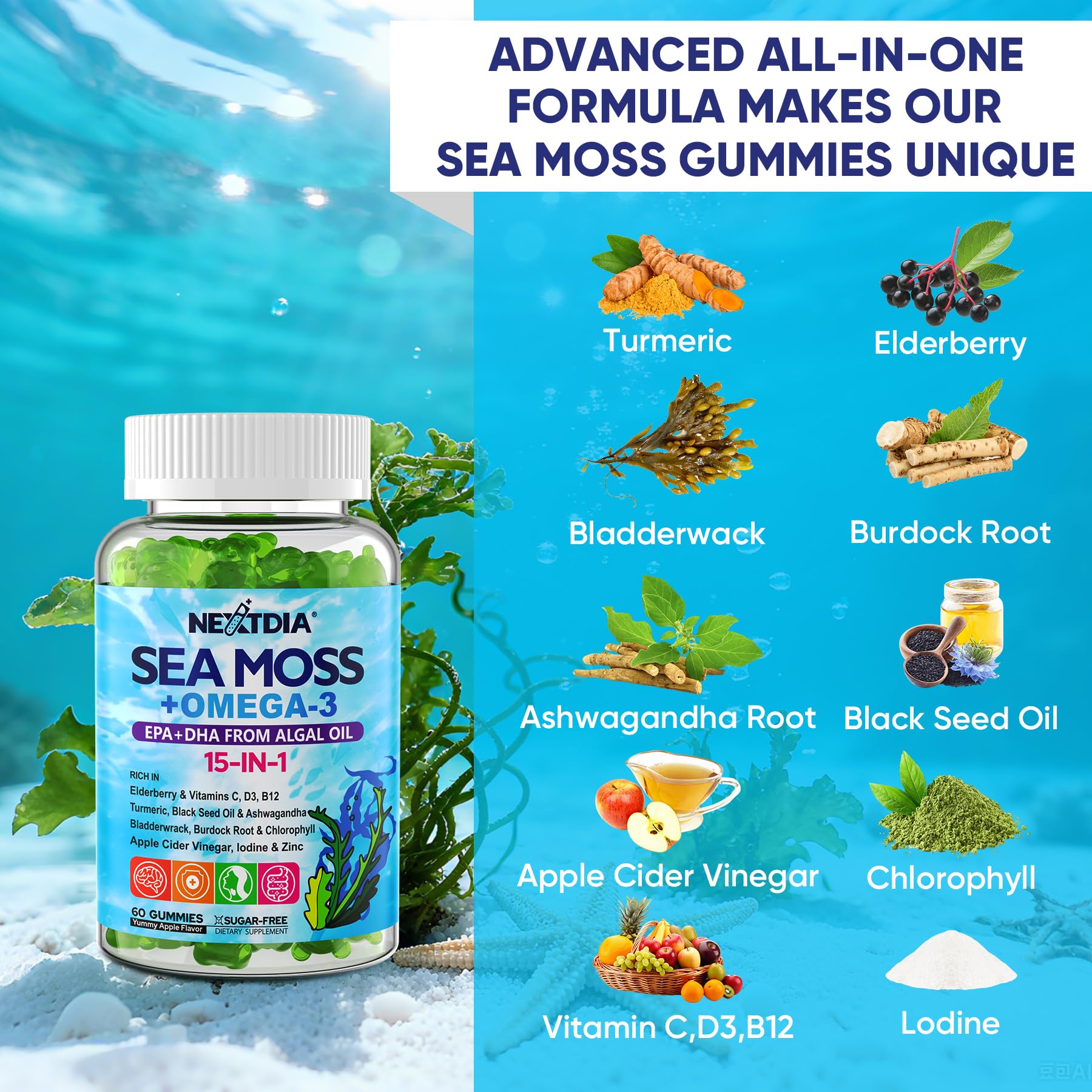 Nextdia Algae Omega-3 Gummies ingredients shot highlights DHA:EPA ratio.