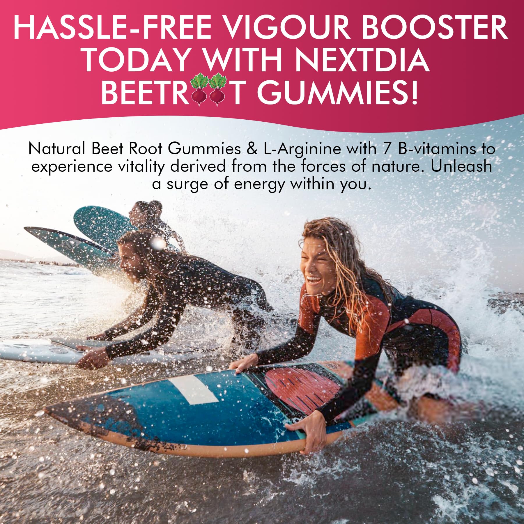 Nextdia beet root gummies nutrition icons highlight sugar free and dairy free claims