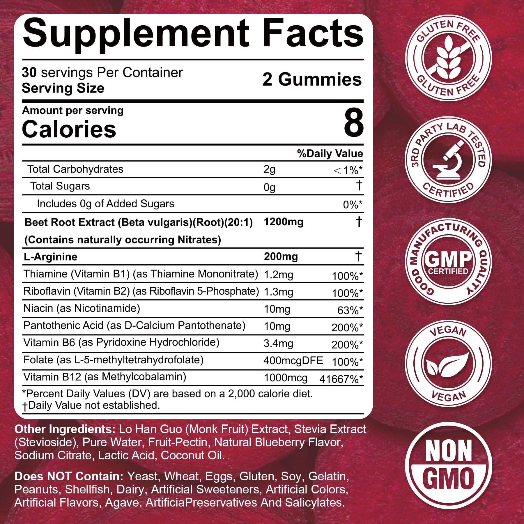Nextdia beet root gummies label-closeup highlighting beetroot and vitamin benefits