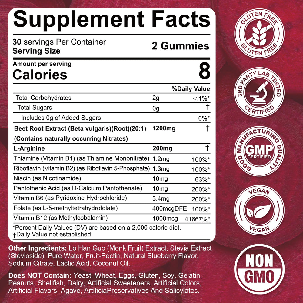 Nextdia beet root gummies label-closeup highlighting beetroot and vitamin benefits