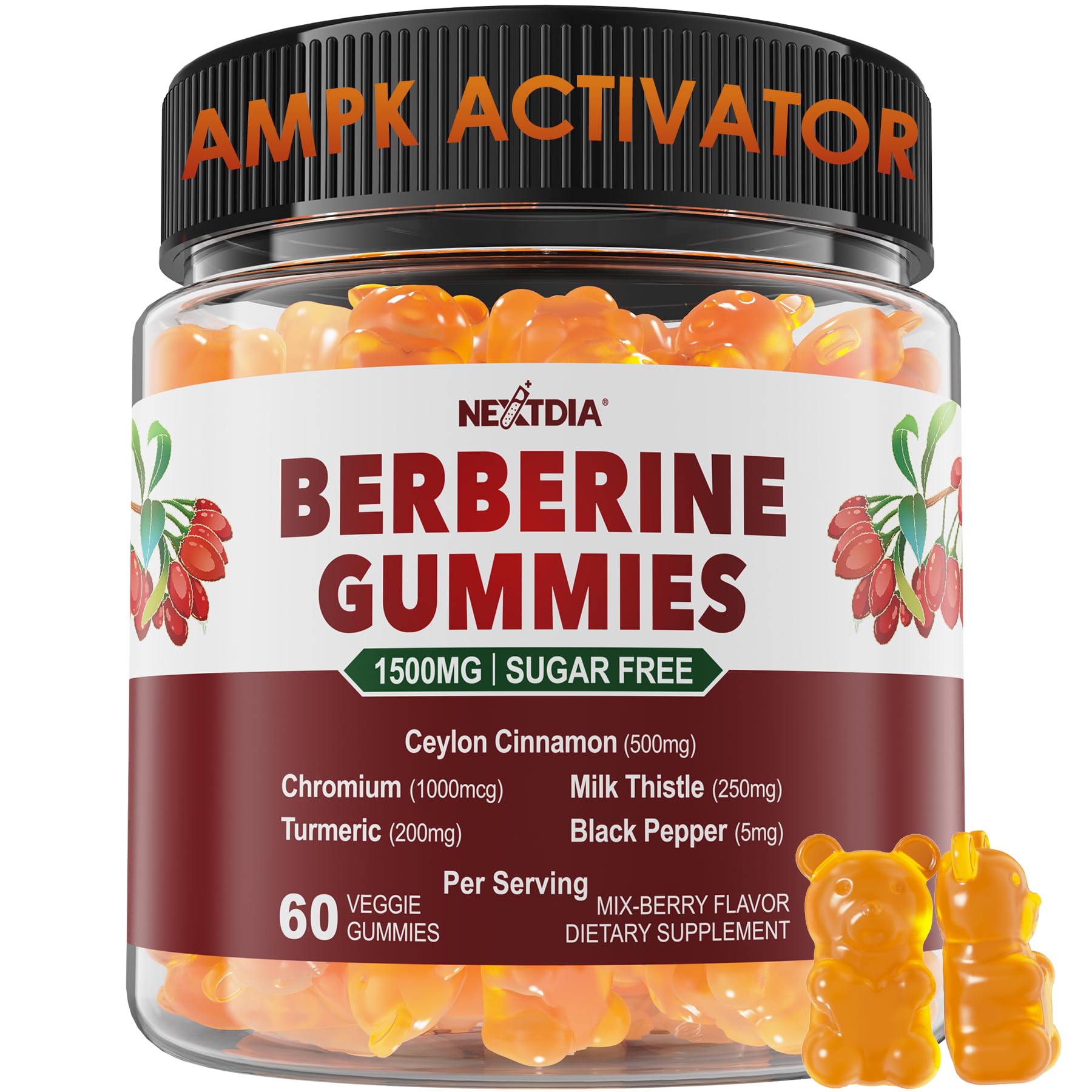 Nextdia Berberine Gummies bottle front highlights sugar-free formula for daily metabolism support