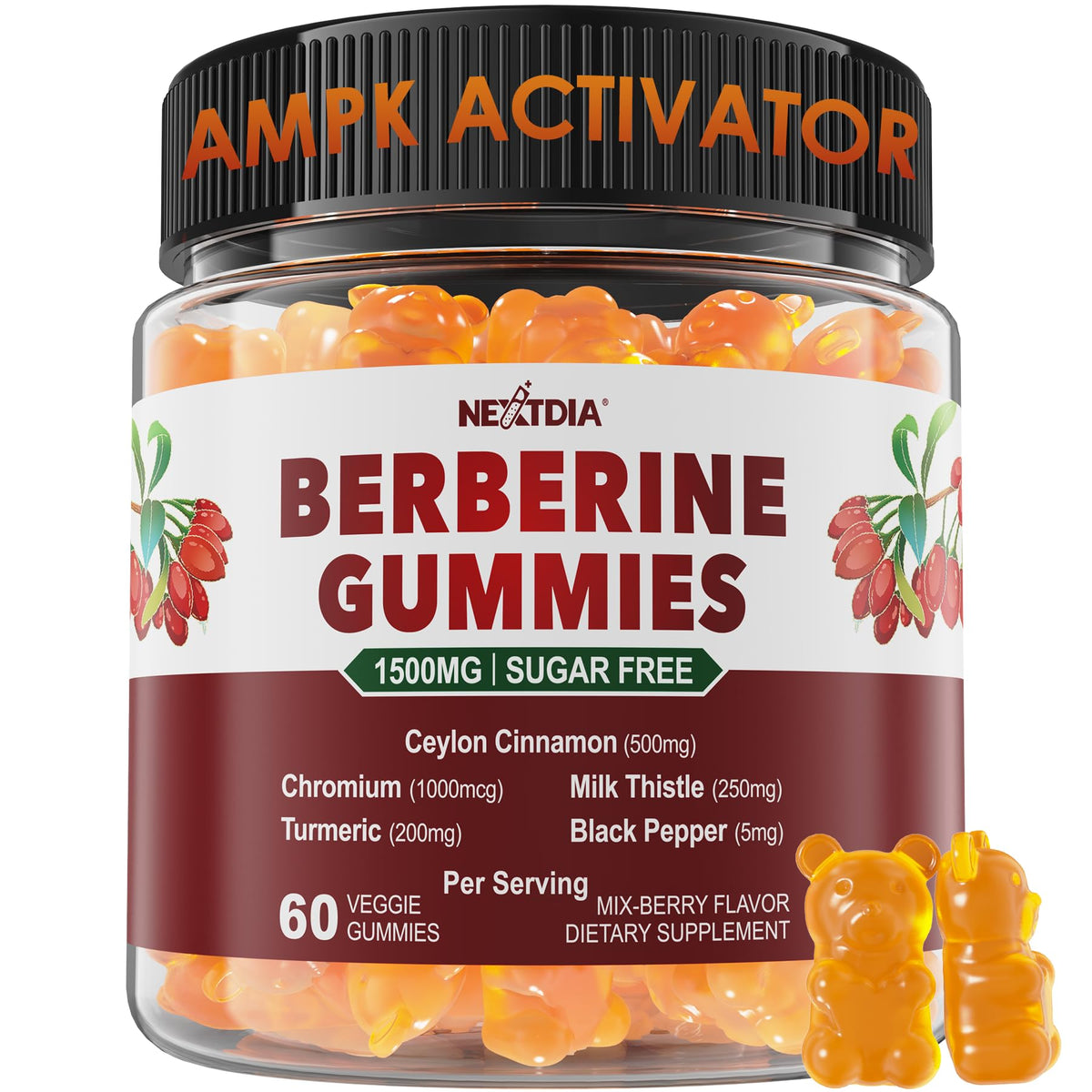Nextdia Berberine Gummies bottle front highlights sugar-free formula for daily metabolism support
