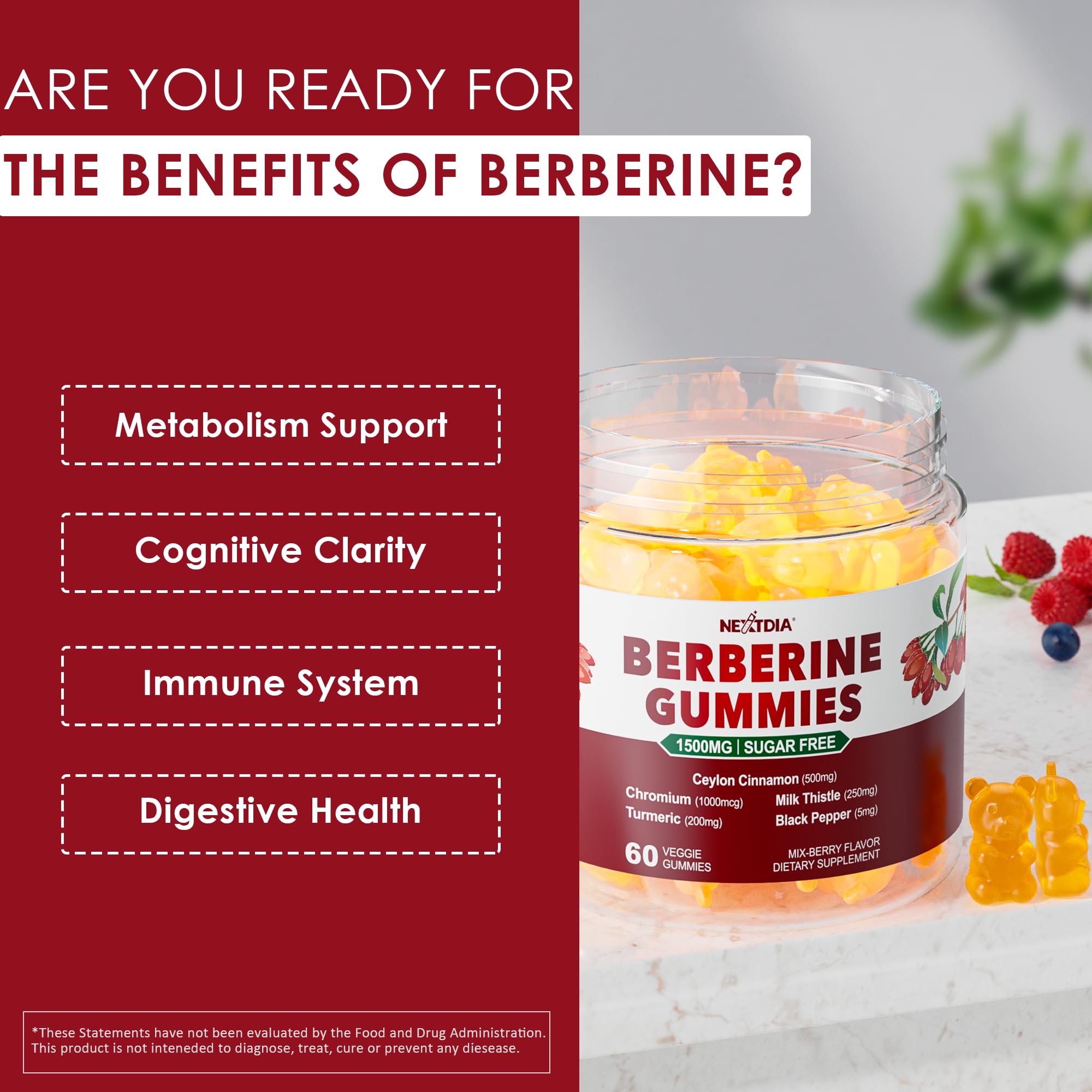 Berberine Gummies label shows a six-herb formula for holistic support