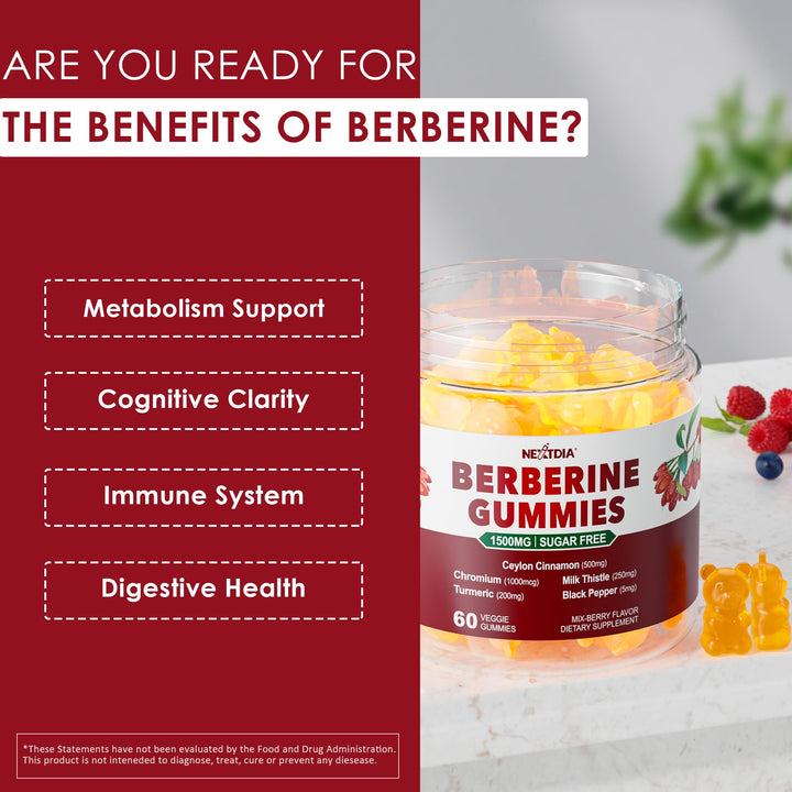 Berberine Gummies label shows a six-herb formula for holistic support